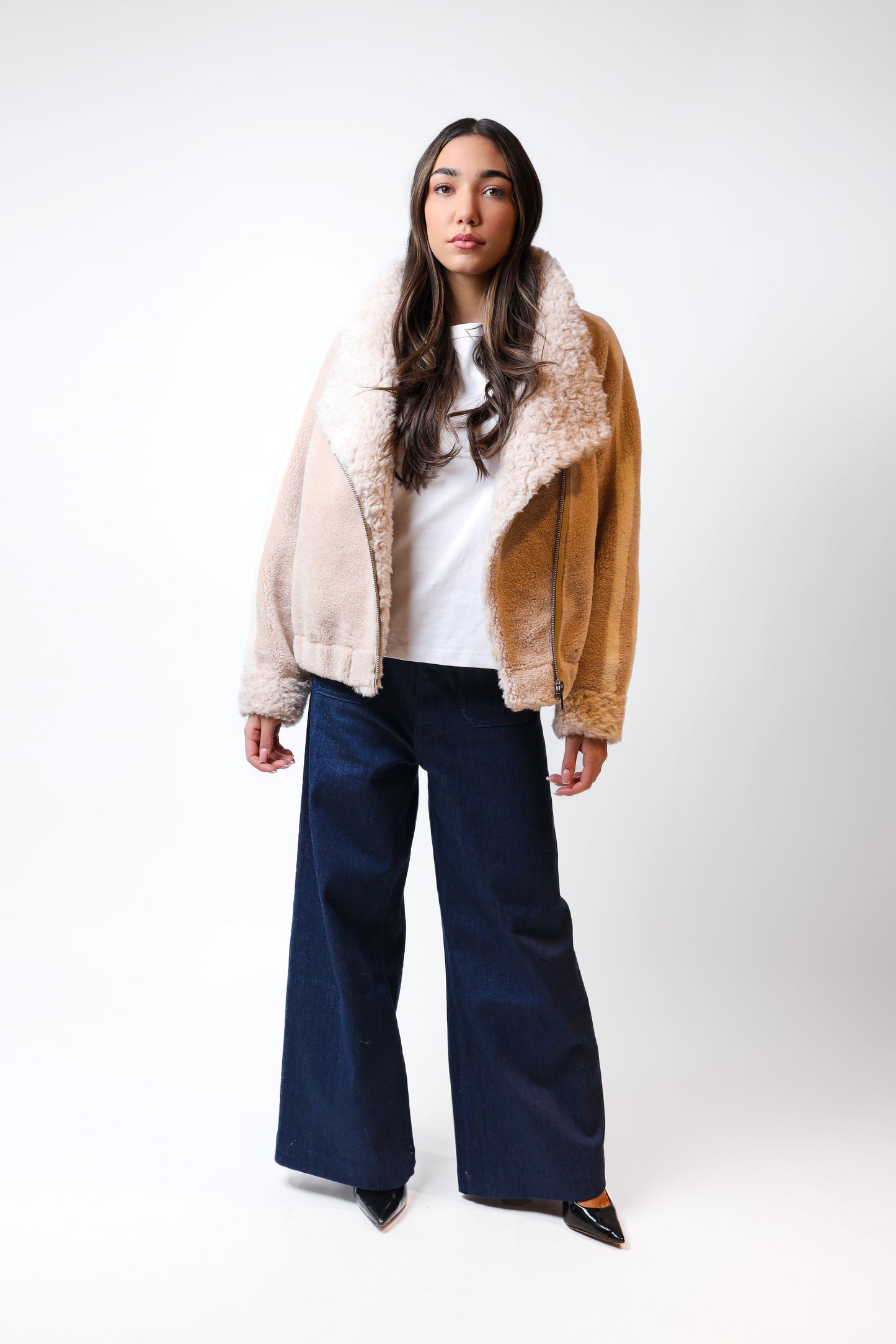 Beige Faux Fur Jacket with Collar