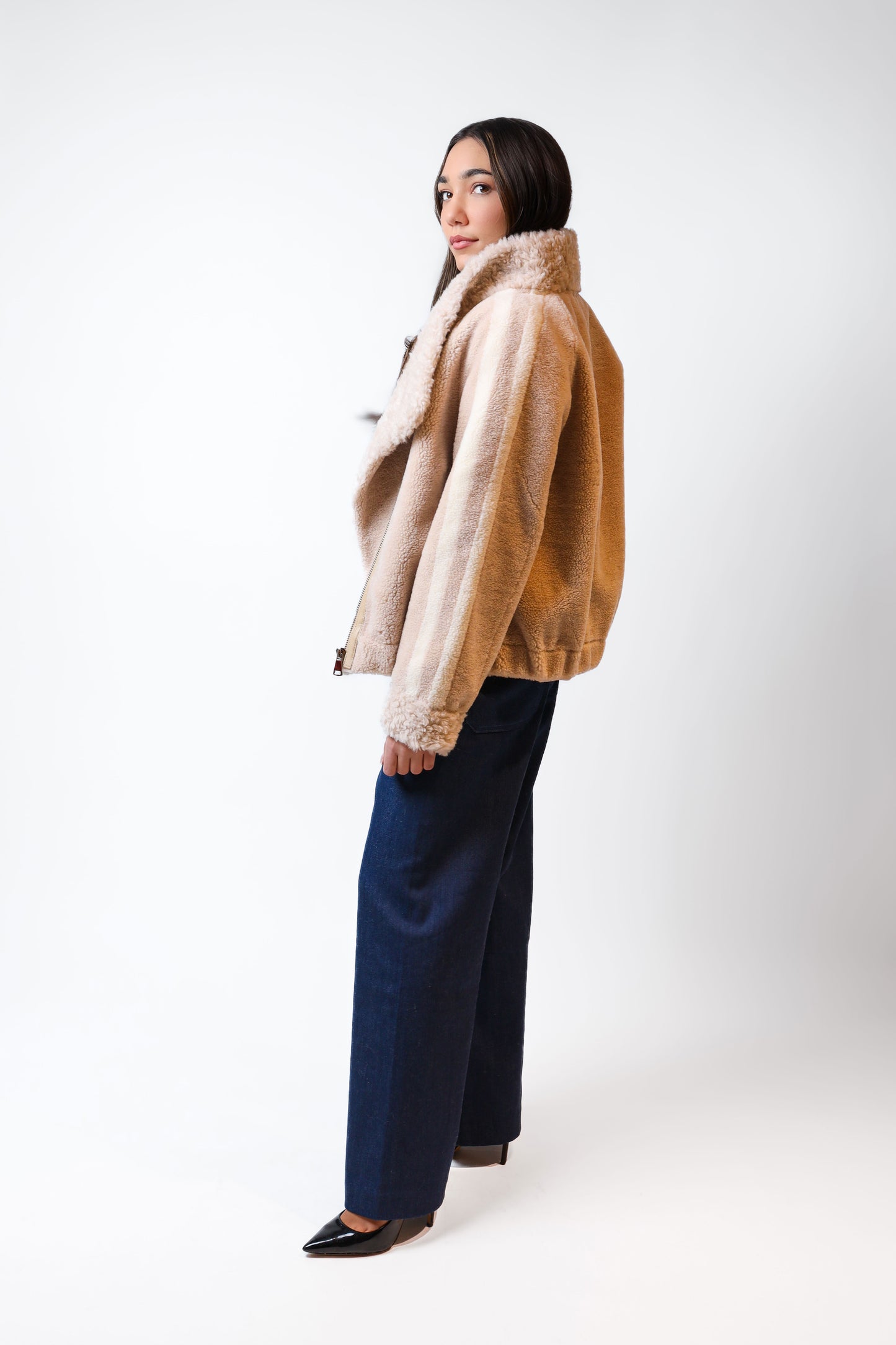 Beige Faux Fur Jacket with Collar