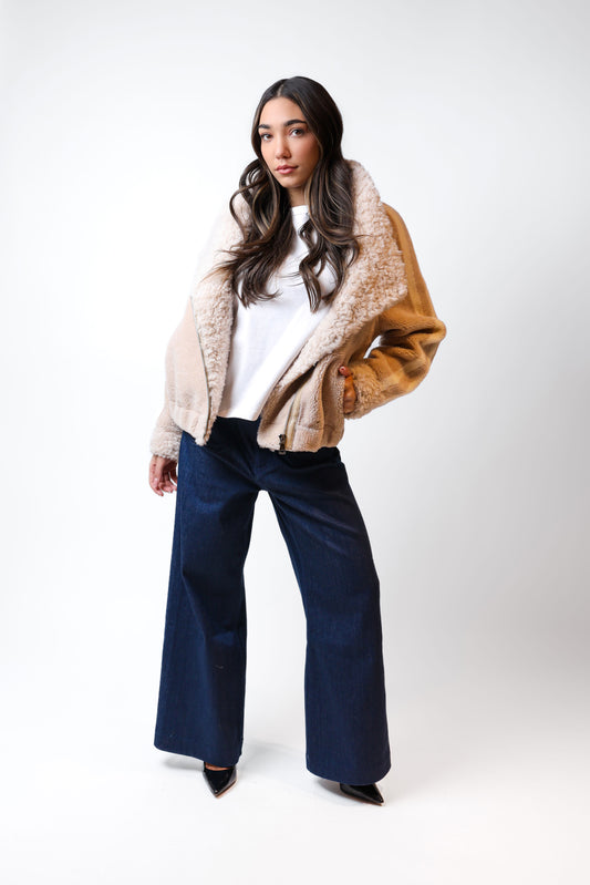 Beige Faux Fur Jacket with Collar