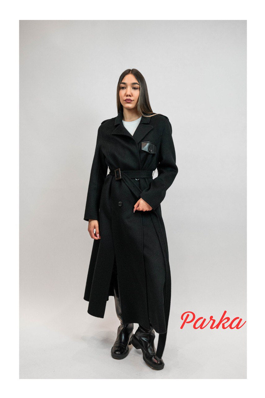 Long Black 100% Wool Coat