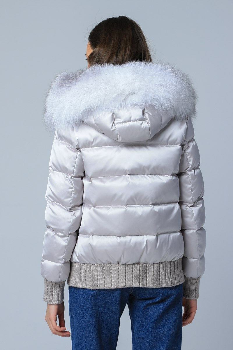 Silver jacket with a Canadian mink collar and northern duck down filling