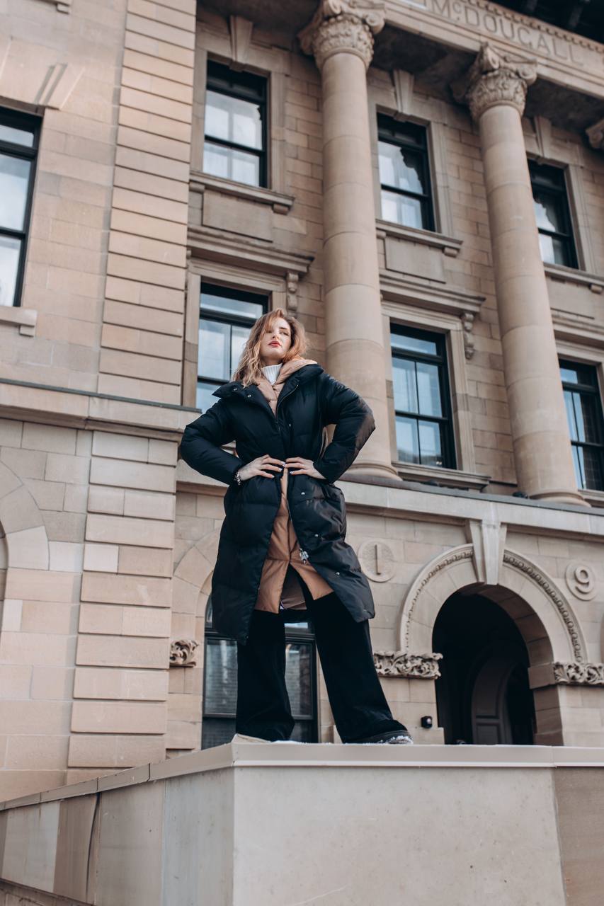 Long Extra Warm Down Coat – Black with Sand Inserts