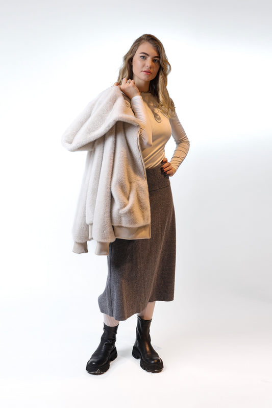 Short Teddy Faux Fur Bomber – Beige Cloud