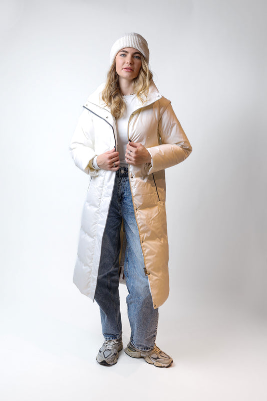 Long White Down Coat with Belt – Convertible Sleeve Design