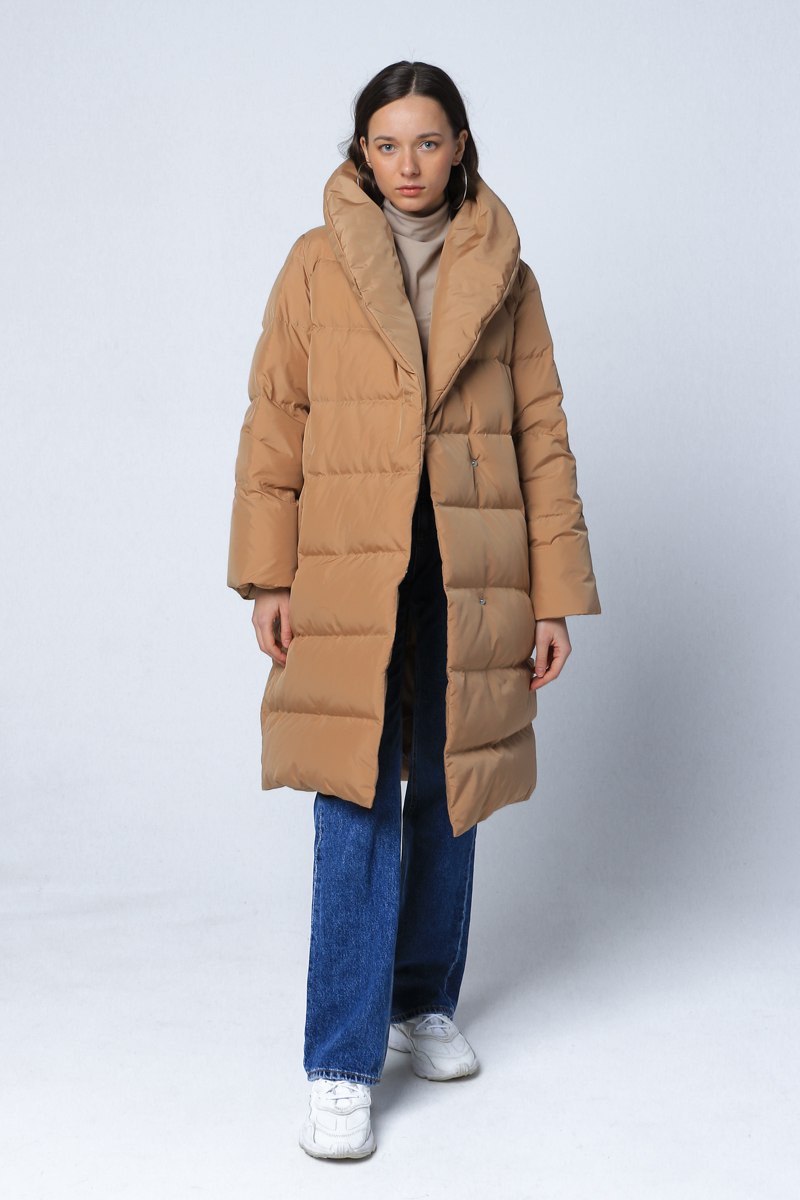 Longline down coat in sand color