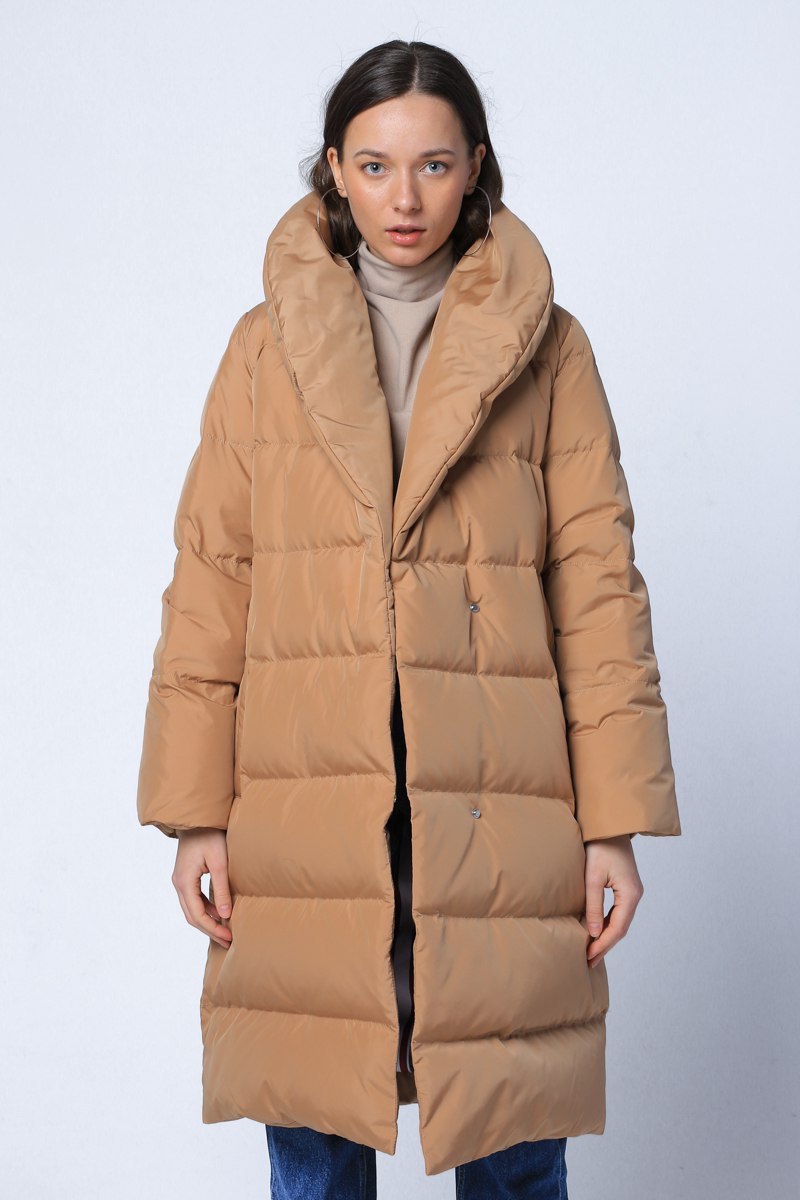 Longline down coat in sand color