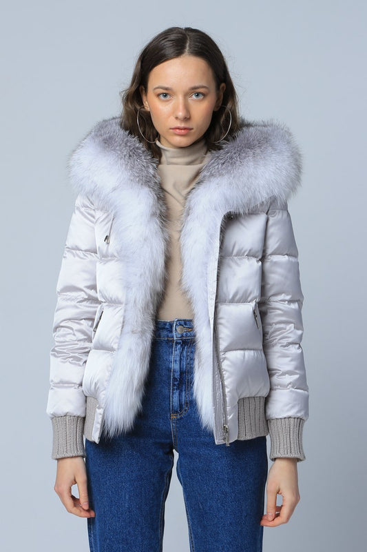 Silver jacket with a Canadian mink collar and northern duck down filling