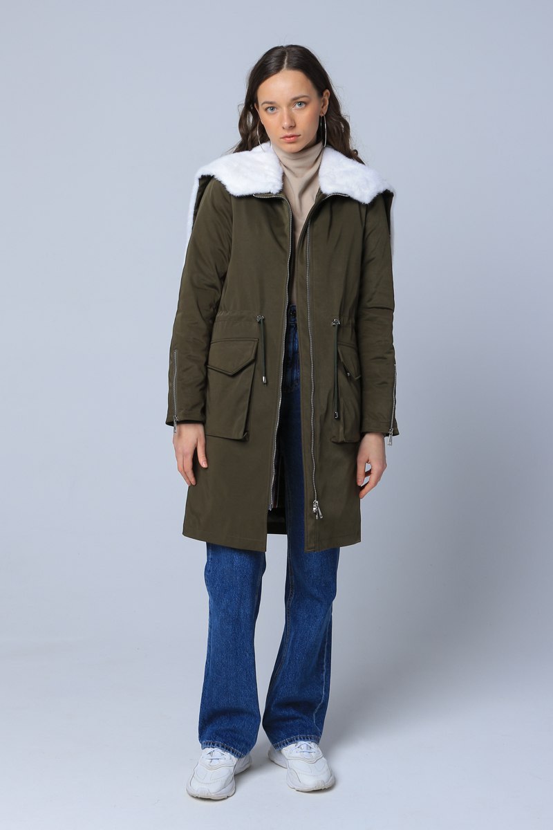 Green long parka with a Canadian mink hood and northern duck down filling