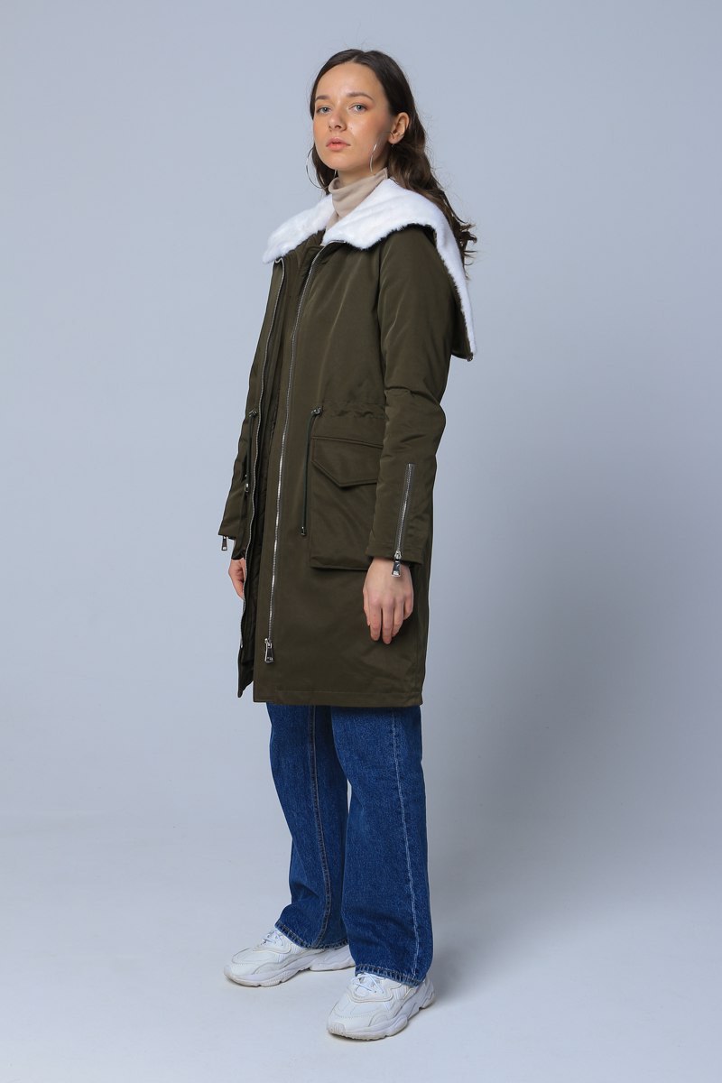 Green long parka with a Canadian mink hood and northern duck down filling