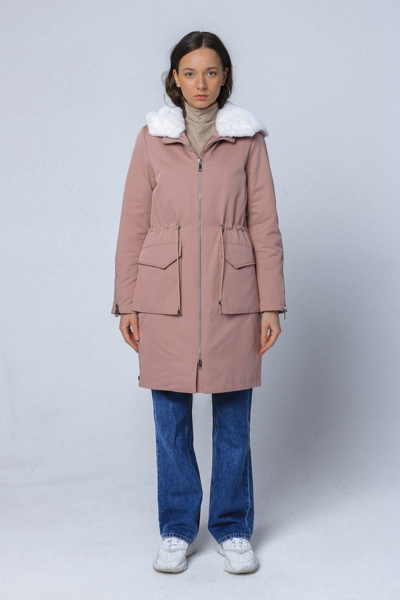 Pink parka with a  Canadian mink hood and northern duck down filling