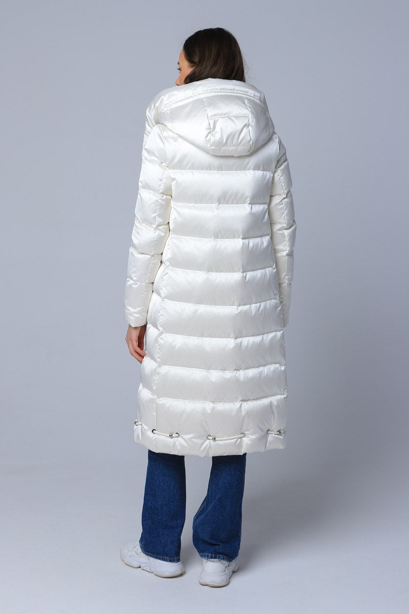 Long white down coat with a hood