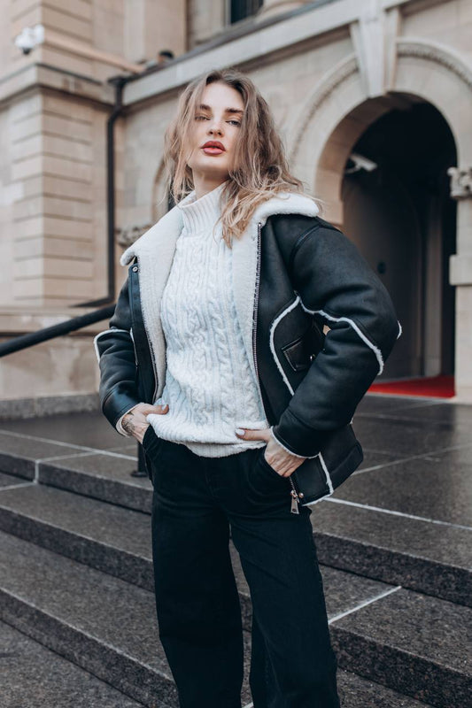 Trendy Black Shearling Jacket with White Faux Fur Collar