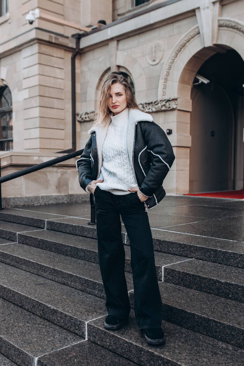 Trendy Black Shearling Jacket with White Faux Fur Collar